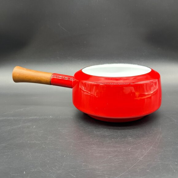 Vintage Fondue Pot Saucepan Dansk Kobenstyle Red Enamel Teak Wood No Lid - Picture 4 of 12